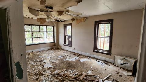 Looking into the living room from the kitchen entryway