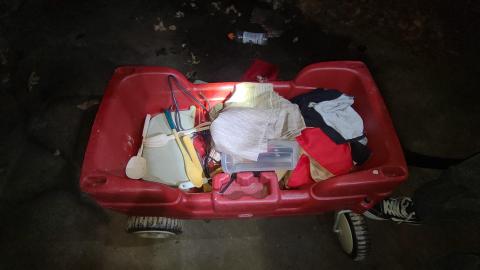 A children's wagon full of miscellaneous items in the Garage of House 4
