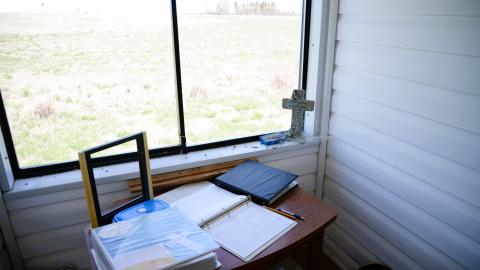 The interior of a small shelter located near the cemetery