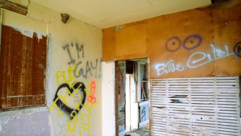 The interior of a vandalized house