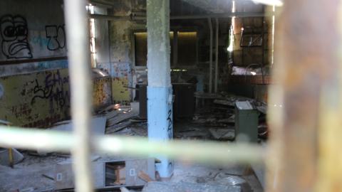 Inside one of the small buildings