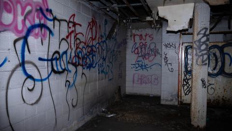 An almost entirely gutted bathroom