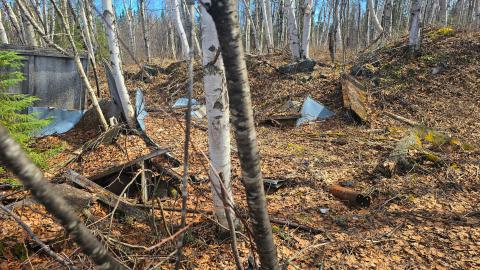 Debris around the wall of the collapsed shed