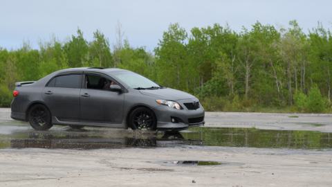 My friend had to hit the puddle on the concrete pad