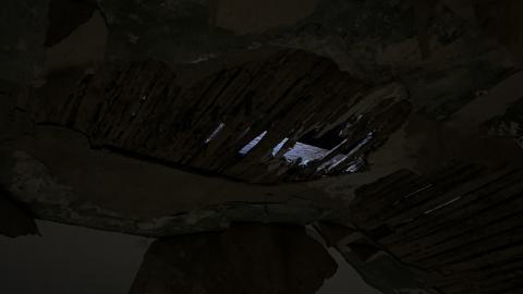 a moldy, deteriorating ceiling in an abandoned house