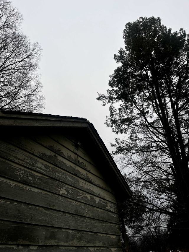 the back of an abandoned shed and a cloudy sky