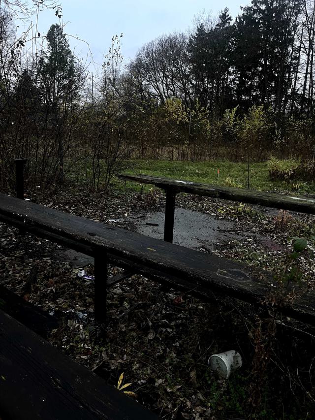 some abandoned sports benches