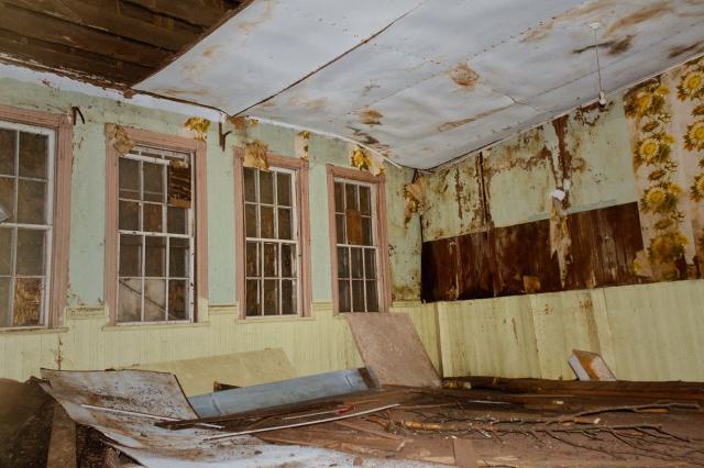 Moldy water damaged wallpaper and ceilings in one of the classrooms.
